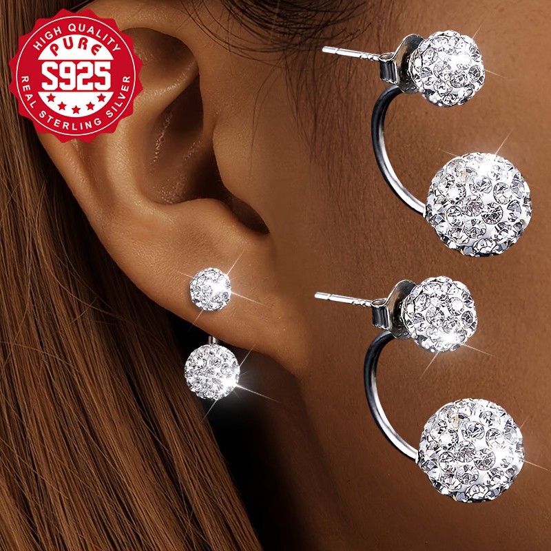 Women's S925 Silver Double Ear Stud Set, Sparkling Ball Studs